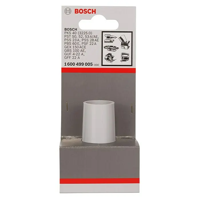 Bosch Absaug-Adapter - Geeignet für: Bosch Schleif- und Fräsmaschinen, Durchmesser: 25 mm - 35 mm - Bild einer Bosch PKS 40 Staubsaugdüse im Blisterpack, passend für verschiedene Bosch-Elektrowerkzeuge.