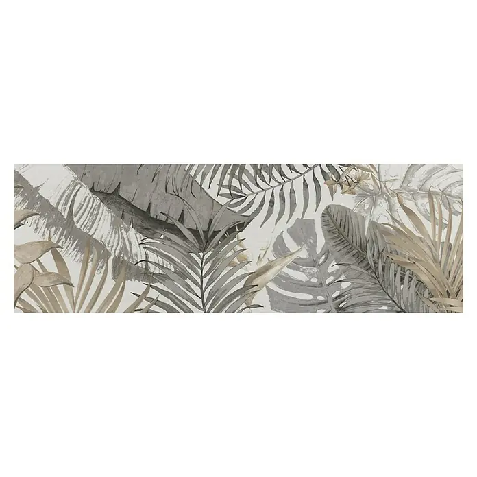 Wandfliese Studio - 30 x 90 cm, Palm Bone, Matt - Graue botanische Tapete mit tropischen Blättern und subtilen Farbnuancen. Die Blätter sind in verschiedenen Grautönen gehalten.