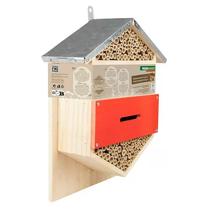 Windhager Insektenhotel Hexagon - L x B x H: 33,5 x 28 x 10 cm, Holz - Hexagonales Insektenhotel aus Holz mit Metall, roter Front und Bambusröhren für Wildbienen und Solitärwespen.