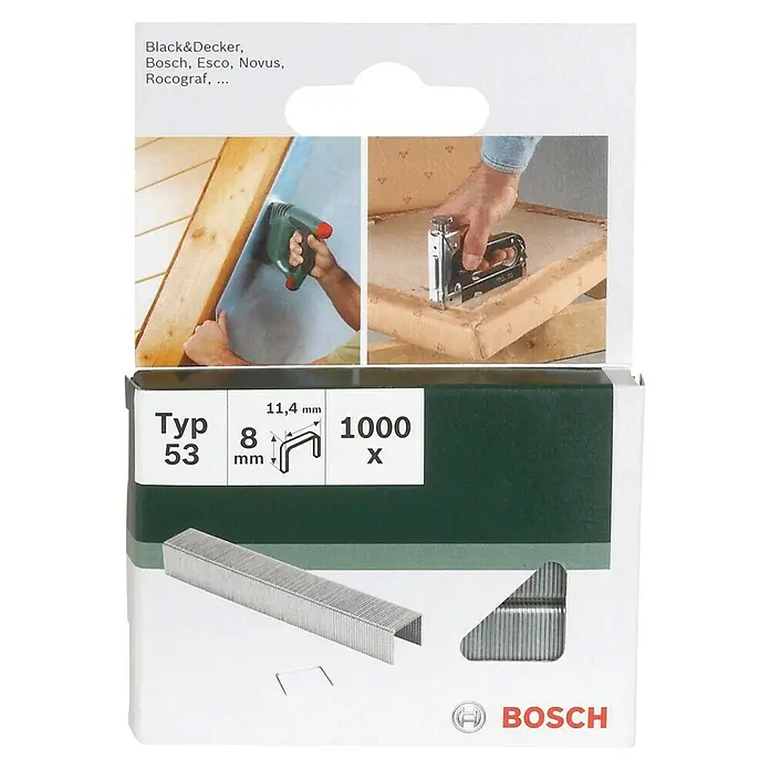 Bosch Feindrahtklammer Typ 53 - Länge: 8 mm, Rückenbreite: 11,4 mm, 1.000 Stk. - Bild einer Packung Bosch Typ 53 Klammern, 8 mm, 1000 Stück, passend für Black&Decker, Esco, Novus und Rocograf Tacker.