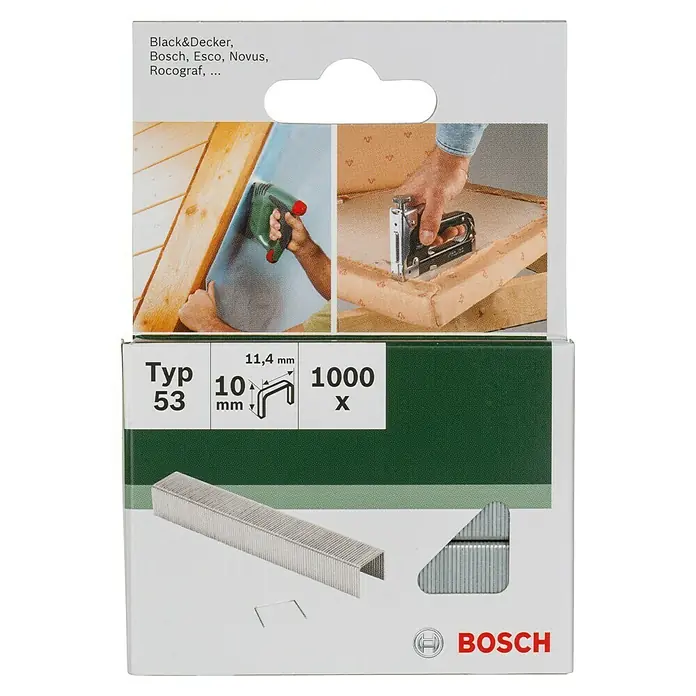 Bosch Feindrahtklammer Typ 53 - Länge: 10 mm, Rückenbreite: 11,4 mm, 1.000 Stk. - Das Bild zeigt eine Packung Bosch Typ 53 Klammern, 10 mm lang, mit 1000 Stück. Geeignet für Black & Decker, Esco, Novus, Rocograf.