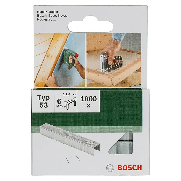 Bosch Feindrahtklammer Typ 53 - Länge: 6 mm, Rückenbreite: 11,4 mm, 1.000 Stk. - Eine Packung Bosch-Typ-53-Klammern mit 6 mm Länge, geeignet für Tacker von Black & Decker, Esco, Novus, Rocograf und mehr.