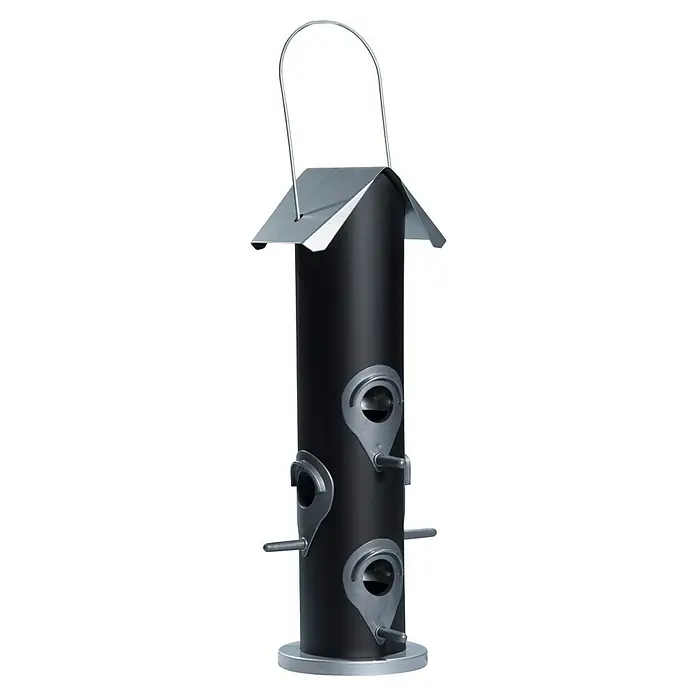 Windhager Vogelhaus - 10,5 x 35 cm, Schwarz/Silber - Eine moderne, schwarze Vogelfutterstation mit silbernen Akzenten und einem praktischen Aufhängebügel, ideal für jeden Garten.