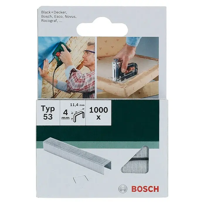 Bosch Feindrahtklammer Typ 53 - Länge: 4 mm, Rückenbreite: 11,4 mm, 1.000 Stk. - Verpackung der Bosch Typ 53 Klammern, 4 mm, 1000 Stück. Ideal für Tackerarbeiten mit Bosch, Black+Decker, Esco, Novus oder Rocograf Tackergeräten.
