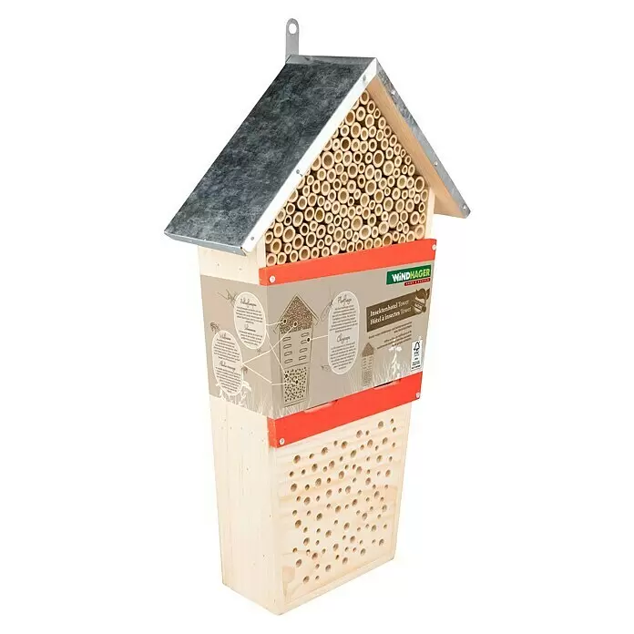 Windhager Insektenhotel Tower - L x B x H: 49 x 29 x 10 cm, Holz - Insektenhotel-Turm aus Holz mit Metalldach, Bambusröhren und Bohrlöchern für verschiedene Insekten.