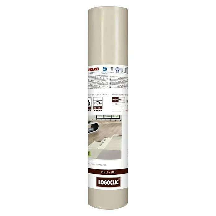 LOGOCLIC Boden-Dampfbremsfolie - 15 m², 0,2 mm - Abbildung einer Rolle PE-Folie 200 von Logoclic, ideal als Unterlage. Die Folie ist 0,2 mm dick und schützt Böden zuverlässig vor Feuchtigkeit.