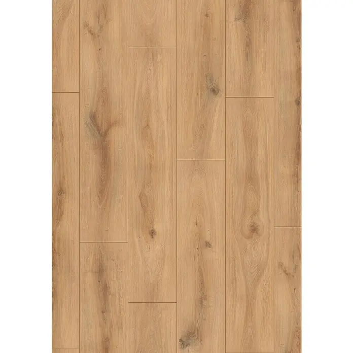LOGOCLIC Edition Laminat Vinto - Sunshine Oak, Landhausdiele, 1.288 x 245 x 8 mm - Nahaufnahme von Holzbodenfliesen in warmen Farbtönen, die eine natürliche und einladende Atmosphäre schaffen.