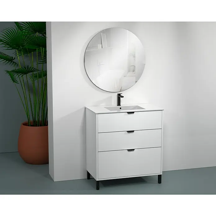 Conjunto de mueble de baño Triana - Ancho total del mueble de baño: 60 cm, Blanco, Mate - Mueble de baño blanco con lavabo y espejo redondo. El mueble es moderno y tiene un diseño sencillo.
