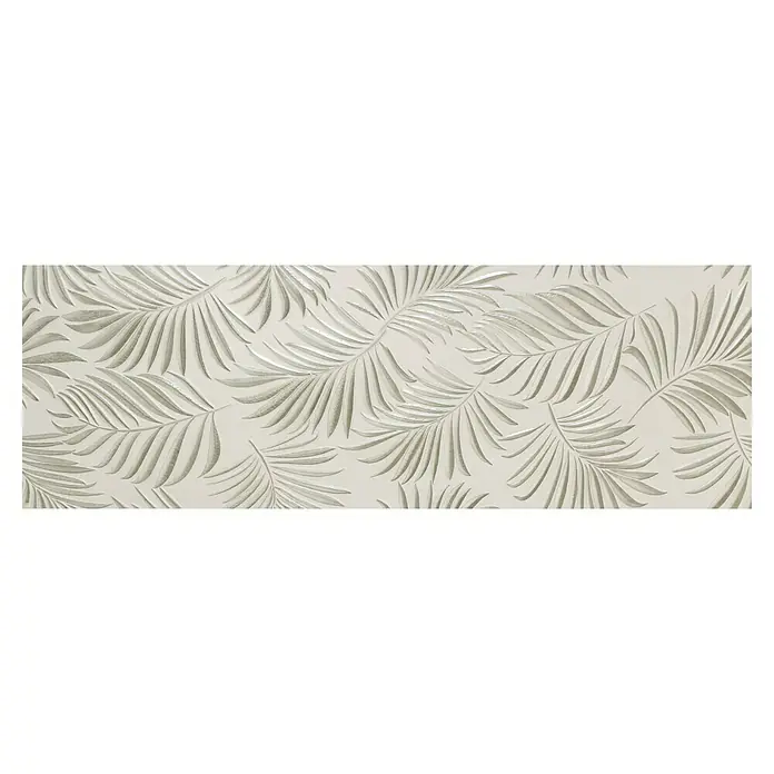 Wandfliese Palmeto Dekor Perla - 30 x 90 cm, Hellgrau, Matt - Nahaufnahme eines stilvollen Wandpaneels mit einem geprägten Blattmuster in sanften Farbtönen, ideal für moderne Innenräume.