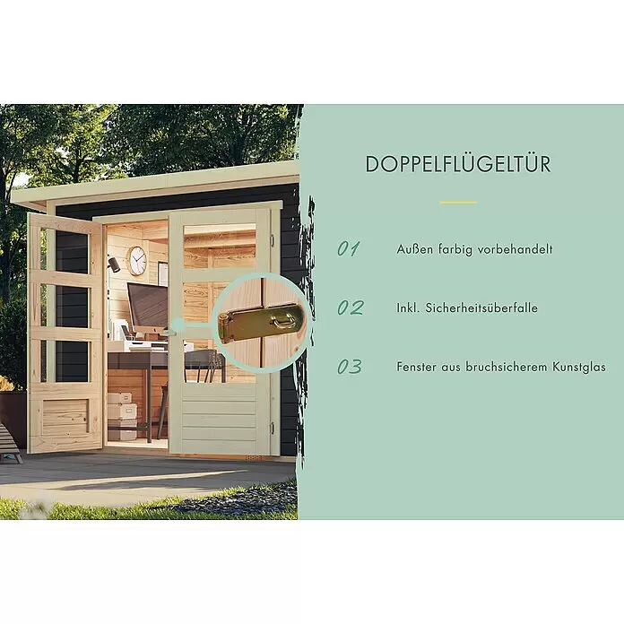 Karibu Gartenhaus Express - Außenmaß inkl. Dachüberstand (B x T): 282 x 282 cm, Holz, Terragrau - Offene Holztür als Doppelflügeltür für Gartenbüro/Schuppen. Sie hat vorbehandelte Außenseite, Sicherheitsüberfalle und bruchsichere Kunstglasfenster.