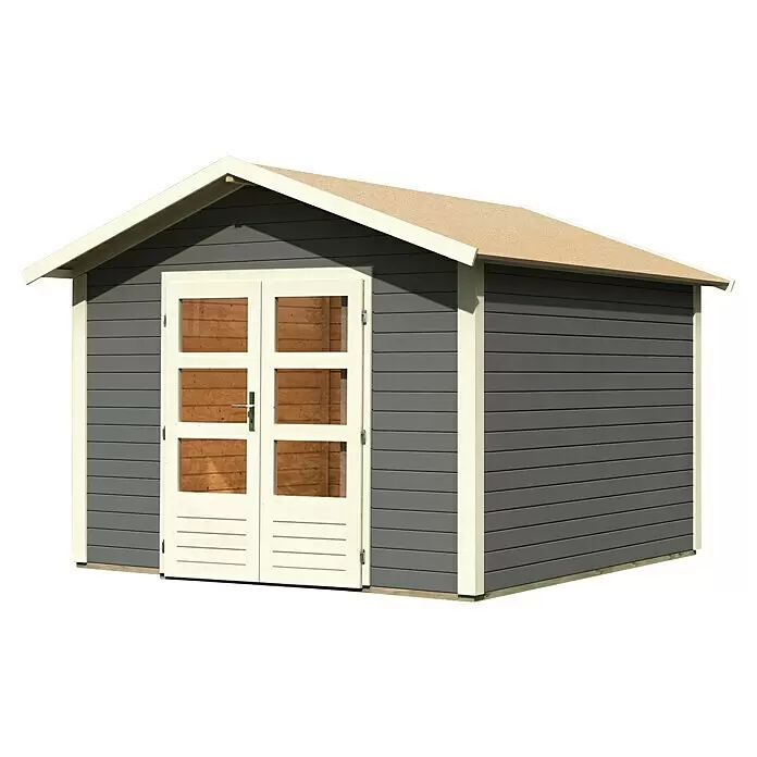 Karibu Gartenhaus Berlo 4 - Außenmaß inkl. Dachüberstand (B x T): 330 x 330 cm, Holz, Terragrau - Grauer Holzgartenpavillon mit weißen Türen und beigem Dach.