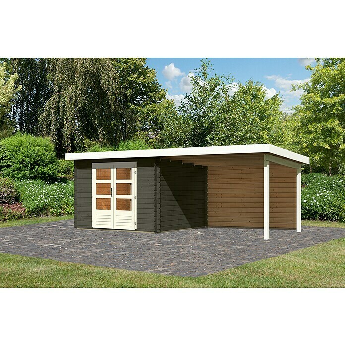 Karibu Gartenhaus Malta (Außenmaß inkl. Dachüberstand (B x T): 614 x 333 cm, Holz, Terragrau, Mit Seitendach und Rückwand) | BAUHAUS