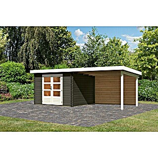 Karibu Gartenhaus Malta (Außenmaß inkl. Dachüberstand (B x T): 614 x 333 cm, Holz, Terragrau, Mit Seitendach und Rückwand)