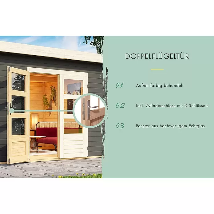 Karibu Gartenhaus Berlo 4 - Außenmaß inkl. Dachüberstand (B x T): 330 x 330 cm, Holz, Terragrau - Doppelflügeltür aus Holz mit Glasfenstern und Zylinderschloss, für ein Gartenhaus.