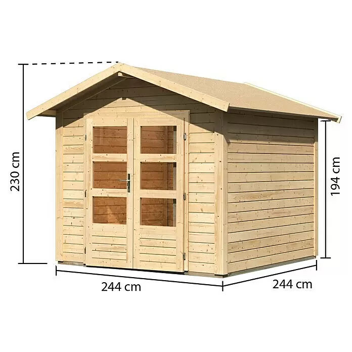Karibu Gartenhaus Berlo 2 - Außenmaß inkl. Dachüberstand (B x T): 270 x 274 cm, Holz, Natur - Geräumiges Gartenhaus aus Naturholz mit Doppeltüren und Satteldach, Maße werden angezeigt.