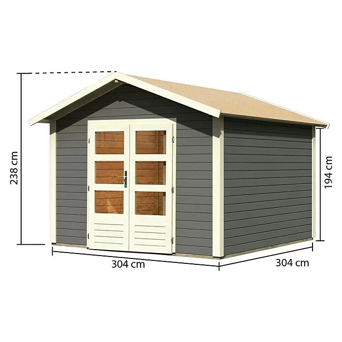 Karibu Gartenhaus Berlo 4 - Außenmaß inkl. Dachüberstand (B x T): 330 x 330 cm, Holz, Terragrau - Graues Gartenhaus mit beigen Zierleisten und Türen, hellbraunem Dach. Misst 304x304 cm, Traufhöhe 194 cm, Firsthöhe 238 cm.