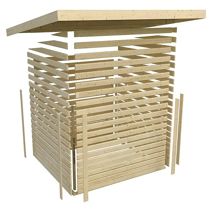 Karibu Gartenhaus Express - Außenmaß inkl. Dachüberstand (B x T): 240 x 236 cm, Holz, Naturbelassen, Ohne Anbau - Holzlagerstruktur mit übereinander liegenden Holzlatten und einem Dach, das die Lagerstruktur abdeckt.