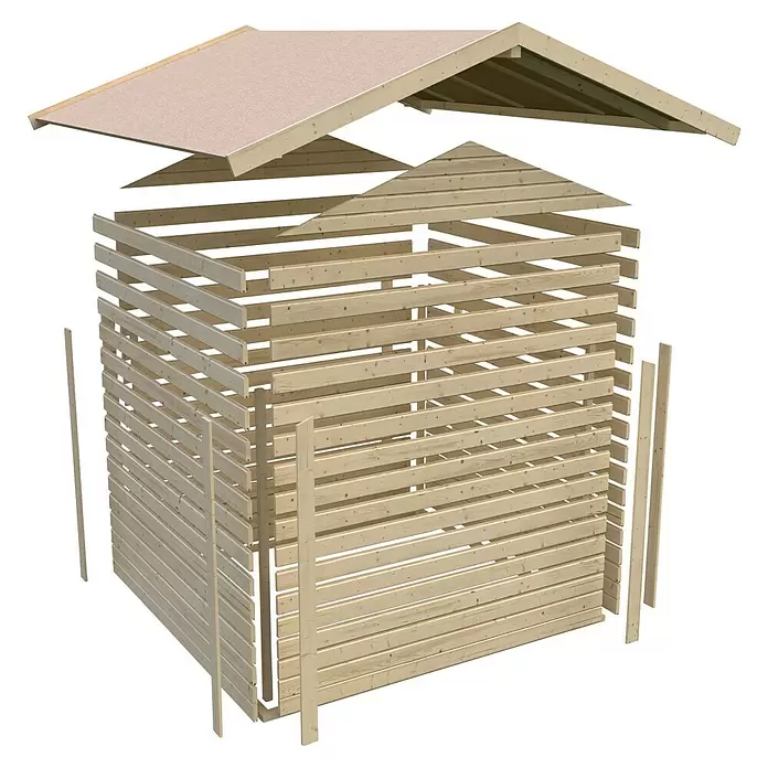 Karibu Gartenhaus Dahme - Außenmaß inkl. Dachüberstand (B x T): 207 x 120 cm, Holz, Natur - Explosionszeichnung eines hellen Holzschuppenrahmens mit horizontalen Brettern und separater Dachkonstruktion zur Montage.