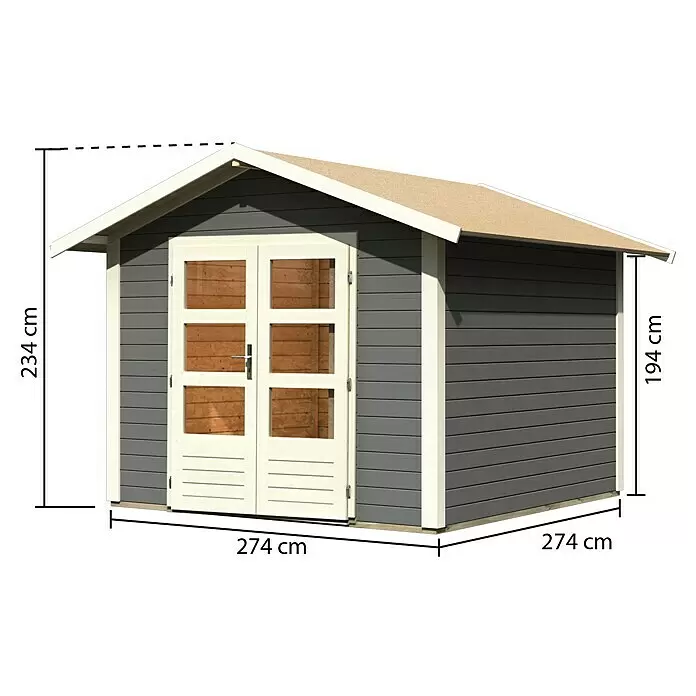 Karibu Gartenhaus Berlo 3 - Außenmaß inkl. Dachüberstand (B x T): 300 x 304 cm, Holz, Terragrau - Graues Holzgartenhaus mit cremefarbenen Doppeltüren und Verkleidung, hellbraunes Dach. Maße: 274x274x234/194 cm.