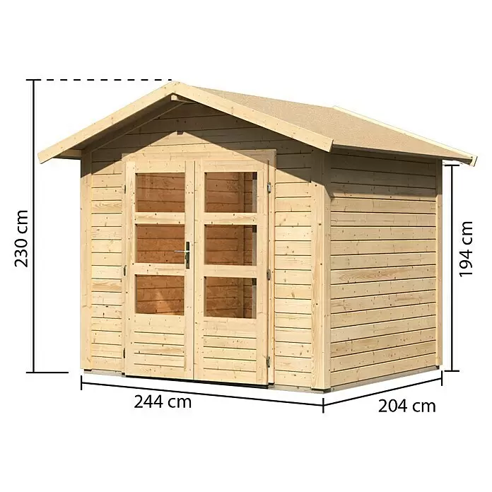 Karibu Gartenhaus Berlo 1 - Außenmaß inkl. Dachüberstand (B x T): 270 x 234 cm, Holz, Natur - Helles Holz-Gartenhaus mit Doppeltür und Satteldach. Maße: 244x204 cm Basis, 194-230 cm Höhe.