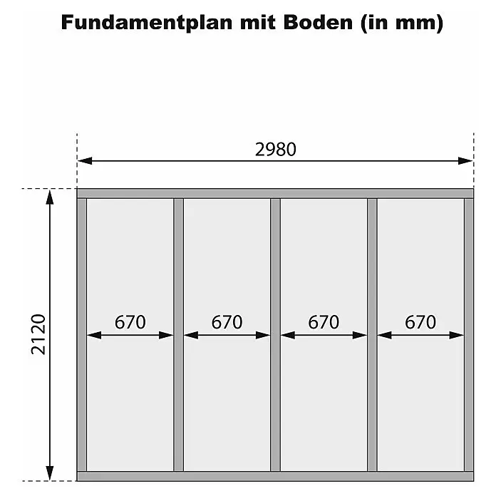 Karibu Gartenhaus Cuno 4 - Außenmaß inkl. Dachüberstand (B x T): 330 x 238 cm, Holz, Terragrau - Rechteckiger Fundamentplan mit Innenfächern und Maßen in Millimetern.