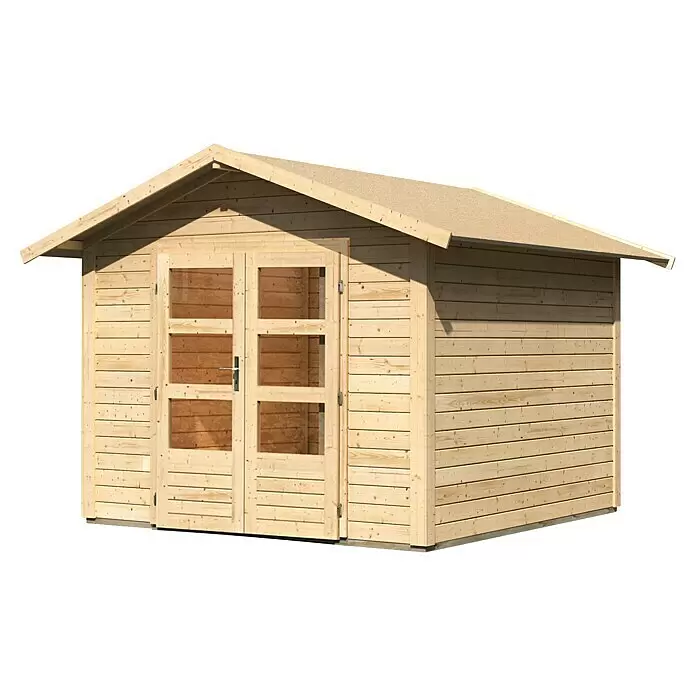Karibu Gartenhaus Berlo 3 - Außenmaß inkl. Dachüberstand (B x T): 300 x 304 cm, Holz, Natur - Helles Gartenhaus aus Holz mit Doppeltüren und Satteldach zur Lagerung.