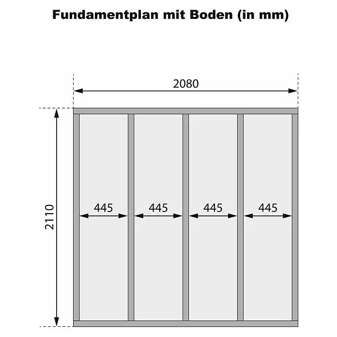 Karibu Gartenhaus Timmo - Außenmaß inkl. Dachüberstand (B x T): 240 x 236 cm, Holz, Natur, Ohne Anbau - Technischer Fundamentplan, 2080x2110mm, mit vier inneren Sektionen.