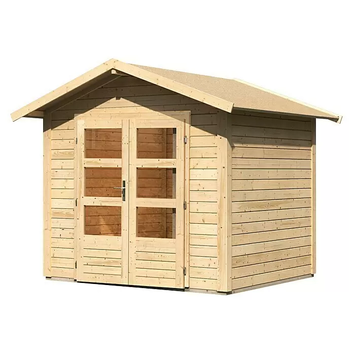 Karibu Gartenhaus Berlo 1 - Außenmaß inkl. Dachüberstand (B x T): 270 x 234 cm, Holz, Natur - Helles Gartenhaus aus Holz mit Doppeltür und Giebeldach.