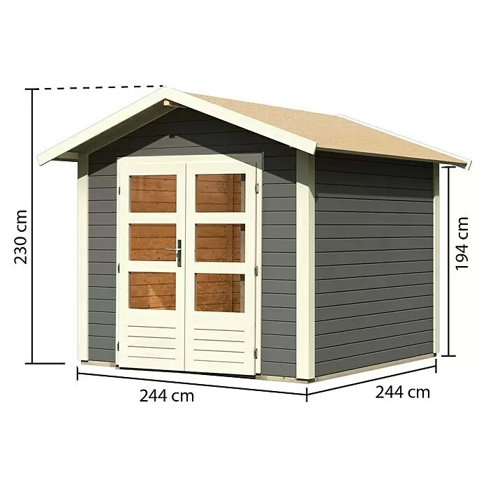 Karibu Gartenhaus Berlo 2 - Außenmaß inkl. Dachüberstand (B x T): 270 x 274 cm, Holz, Terragrau - Graues Holzgartenhaus mit hellem Besatz und Doppeltüren, mit Maßen von 244x244 cm und Höhen von 194/230 cm.