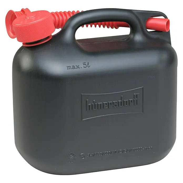 Hünersdorff Kunststoffkanister - Fassungsvermögen: 5 l, Kunststoff - Hier ist ein schwarzer 5-Liter-Kunststoffkanister mit rotem Ausgießer und Griff, ideal für Kraftstoffe oder andere Flüssigkeiten.