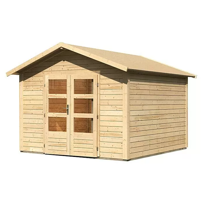 Karibu Gartenhaus Berlo 4 - Außenmaß inkl. Dachüberstand (B x T): 330 x 330 cm, Holz, Natur - Gartenhaus aus hellem Holz mit Giebeldach und Doppelglastüren.
