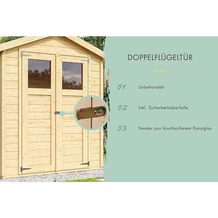 Karibu Gartenhaus Easy - Außenmaß inkl. Dachüberstand (B x T): 207 x 178 cm, Holz, Natur - Unbehandelte Doppelflügeltür aus hellem Holz für ein Gartenhaus, mit bruchsicheren Acrylfenstern und Sicherheitsüberfalle.
