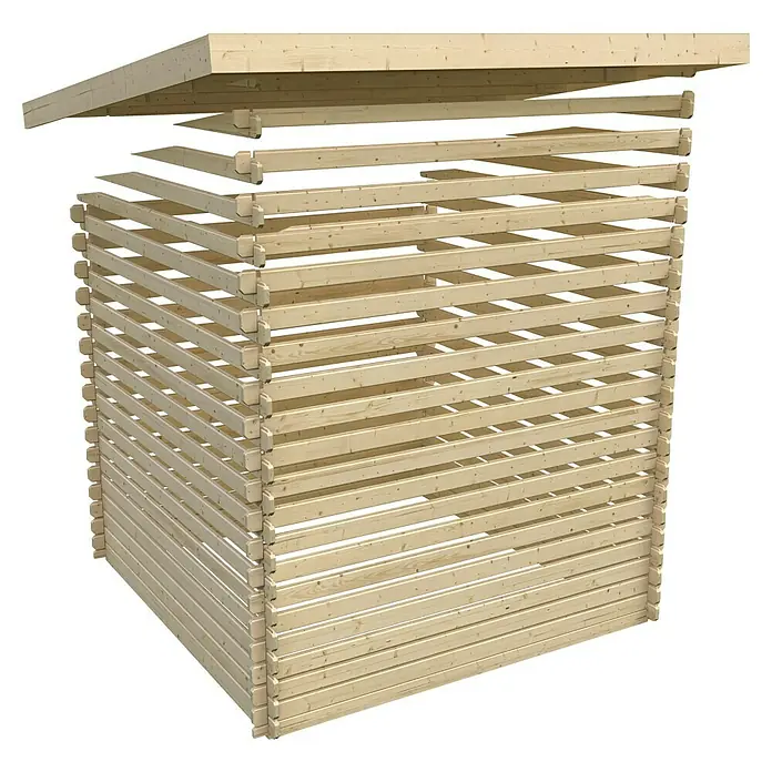 Karibu Gartenhaus Trittau 4 - Außenmaß inkl. Dachüberstand (B x T): 678 x 333 cm, Holz, Naturbelassen, Mit Seitendach & Rückwand - Abbildung eines Holzschuppens, der aus gestapelten, hellen Holzscheiten mit einem leicht geneigten Dach besteht.