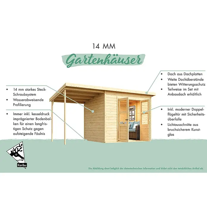 Karibu Gartenhaus Express - Außenmaß inkl. Dachüberstand (B x T): 240 x 236 cm, Holz, Naturbelassen, Ohne Anbau - Abbildung eines 14 mm Gartenhauses mit Doppeltür, Dachplatten und wasserabweisender Profilierung für langanhaltenden Schutz.