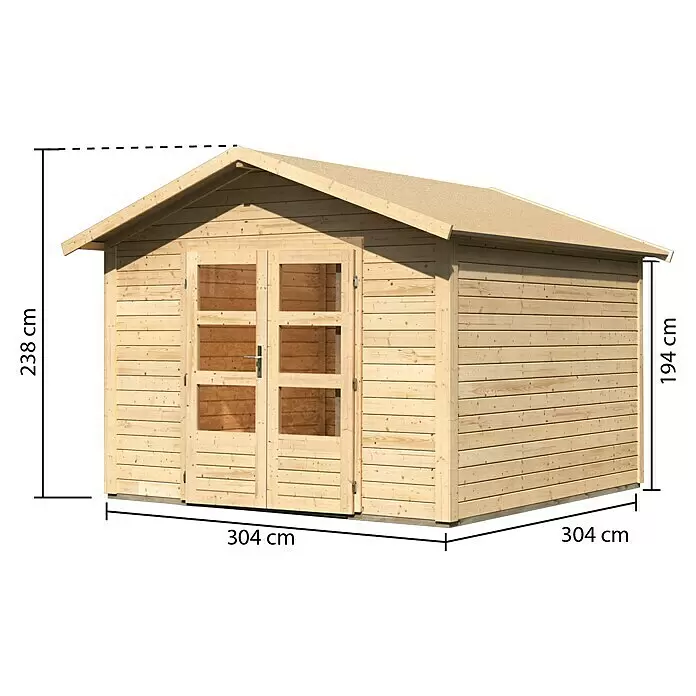 Karibu Gartenhaus Berlo 4 - Außenmaß inkl. Dachüberstand (B x T): 330 x 330 cm, Holz, Natur - Helles Holzgartenhaus mit Doppeltür. Maße: 304x304 cm Basis, 238 cm Giebelhöhe, 194 cm Traufhöhe.
