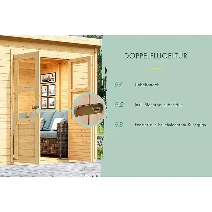 Karibu Gartenhaus Express - Außenmaß inkl. Dachüberstand (B x T): 240 x 236 cm, Holz, Naturbelassen, Ohne Anbau - Abbildung einer Doppelfügeltür mit Sicherheitsüberfalle, unbehandelt, und Fenster aus bruchsicherem Kunstglas für erhöhte Sicherheit.