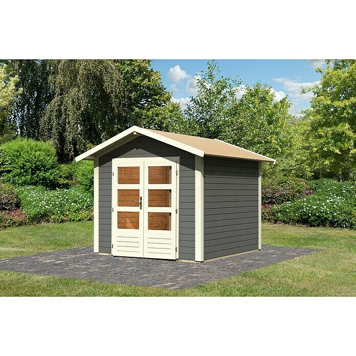 Karibu Gartenhaus Berlo 2 (Außenmaß inkl. Dachüberstand (B x T): 270 x 274 cm, Holz, Terragrau)