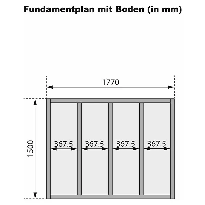 Karibu Gartenhaus Easy - Außenmaß inkl. Dachüberstand (B x T): 207 x 178 cm, Holz, Natur - Fundamentplan mit Boden (in mm): 1770x1500 mm, mit vier 367,5 mm breiten Innenabschnitten.