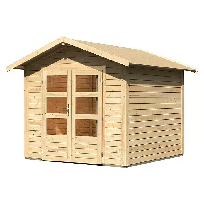Karibu Gartenhaus Berlo 2 - Außenmaß inkl. Dachüberstand (B x T): 270 x 274 cm, Holz, Natur - Gartenhaus aus hellem Naturholz mit Doppeltüren und Fenstern.