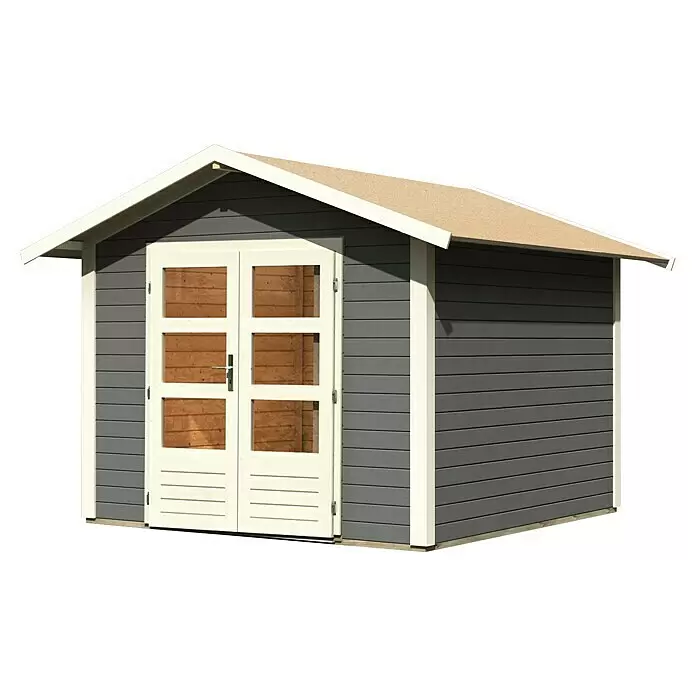 Karibu Gartenhaus Berlo 3 - Außenmaß inkl. Dachüberstand (B x T): 300 x 304 cm, Holz, Terragrau - Grauer Holzgartenhaus mit cremefarbenen Türen und Zierleisten, hellbraunem Dach.