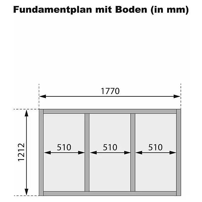 Karibu Gartenhaus Easy - Außenmaß inkl. Dachüberstand (B x T): 207 x 140 cm, Holz, Natur - Fundamentplan mit Maßen: 1770mm Breite, 1212mm Höhe, in drei 510mm breite Abschnitte unterteilt.