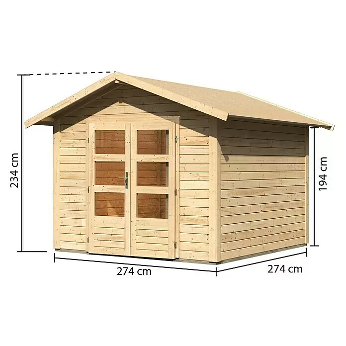 Karibu Gartenhaus Berlo 3 - Außenmaß inkl. Dachüberstand (B x T): 300 x 304 cm, Holz, Natur - Gartenhaus aus hellem Holz mit Doppeltüren und Satteldach. Maße: 274x274x234 cm.
