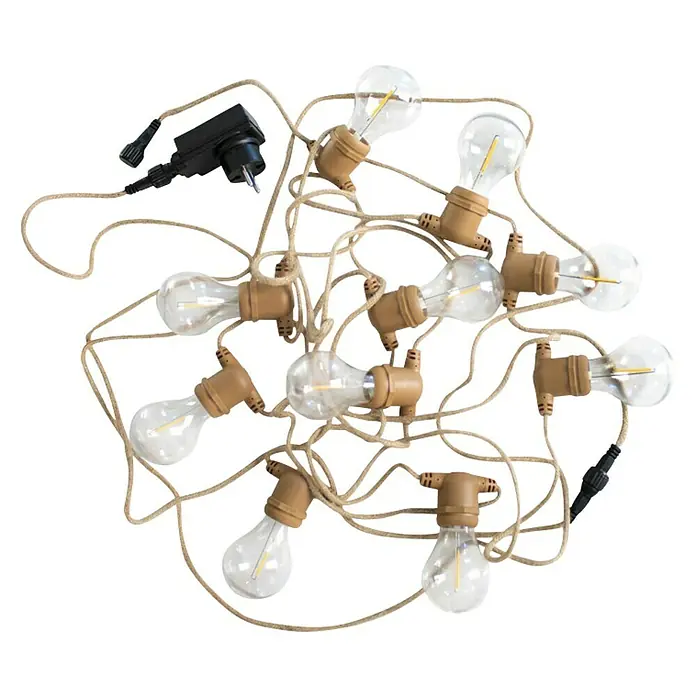 New Garden Guirnalda LED Allegra - 8 m, LED, Color de luz: Blanco cálido, Yute - Una guirnalda de diez bombillas con un cable marrón, perfecta para dar un toque acogedor a cualquier espacio.