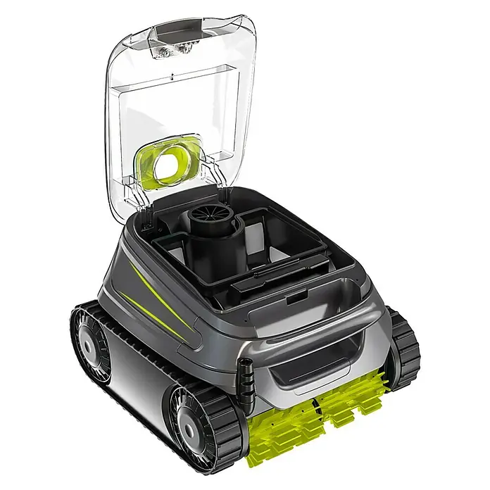 Zodiac Robot de piscina CNX 2020 - Funcionamiento en red, Piscinas de hasta 10 x 5 m, 13 m³/h - Vista detallada de un robot de limpieza de piscinas con tapa transparente abierta y cepillos amarillos.