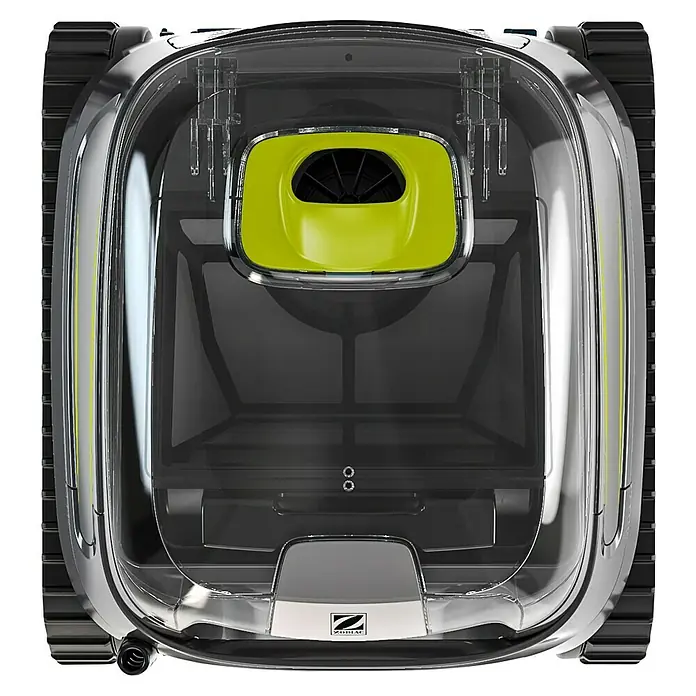 Zodiac Robot de piscina CNX 2020 - Funcionamiento en red, Piscinas de hasta 10 x 5 m, 13 m³/h - Vista superior de un limpiafondos Zodiac, con carcasa transparente y tracción por orugas para una limpieza eficiente.