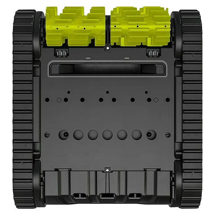 Zodiac Robot de piscina CNX 2020 - Funcionamiento en red, Piscinas de hasta 10 x 5 m, 13 m³/h - Vista detallada de la parte inferior de un robot aspirador, con cepillos amarillos y orugas negras.