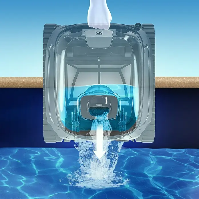 Zodiac Robot de piscina CNX 2020 - Funcionamiento en red, Piscinas de hasta 10 x 5 m, 13 m³/h - La imagen muestra un robot de limpieza de piscinas drenando agua. El robot está situado en el borde de la piscina, liberando el agua aspirada de nuevo a la piscina.