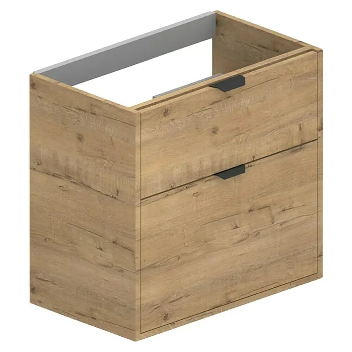Conjunto de mueble de baño Triana 2C - Ancho total del mueble de baño: 60 cm, Roble - Mueble de baño de madera con dos cajones y modernos tiradores negros para un diseño de baño elegante.
