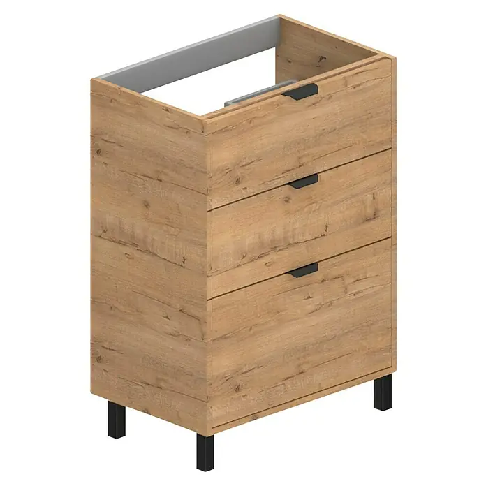 Conjunto de mueble de baño Triana - Ancho: 60 cm, Roble, 3 pzs. - Un mueble de baño con tres cajones con acabado de efecto madera y tiradores negros, sobre patas negras elegantes.