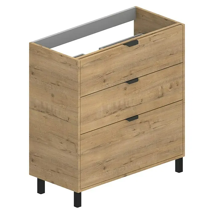 Conjunto de mueble de baño Triana - Ancho: 80 cm, Roble, 3 pzs. - Mueble de baño moderno con tres cajones y patas. El mueble es de madera y ofrece espacio de almacenamiento.